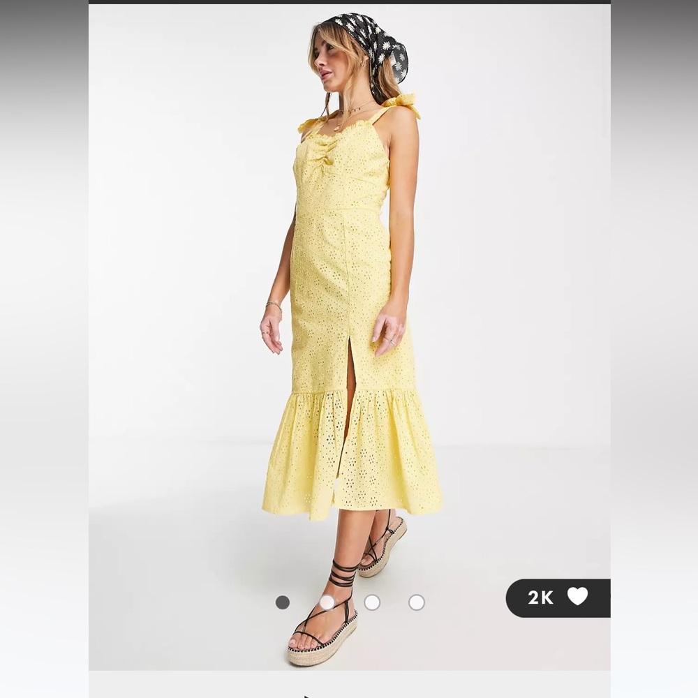 Influence by ASOS tie strap broderie midi dress in yellow - size 6